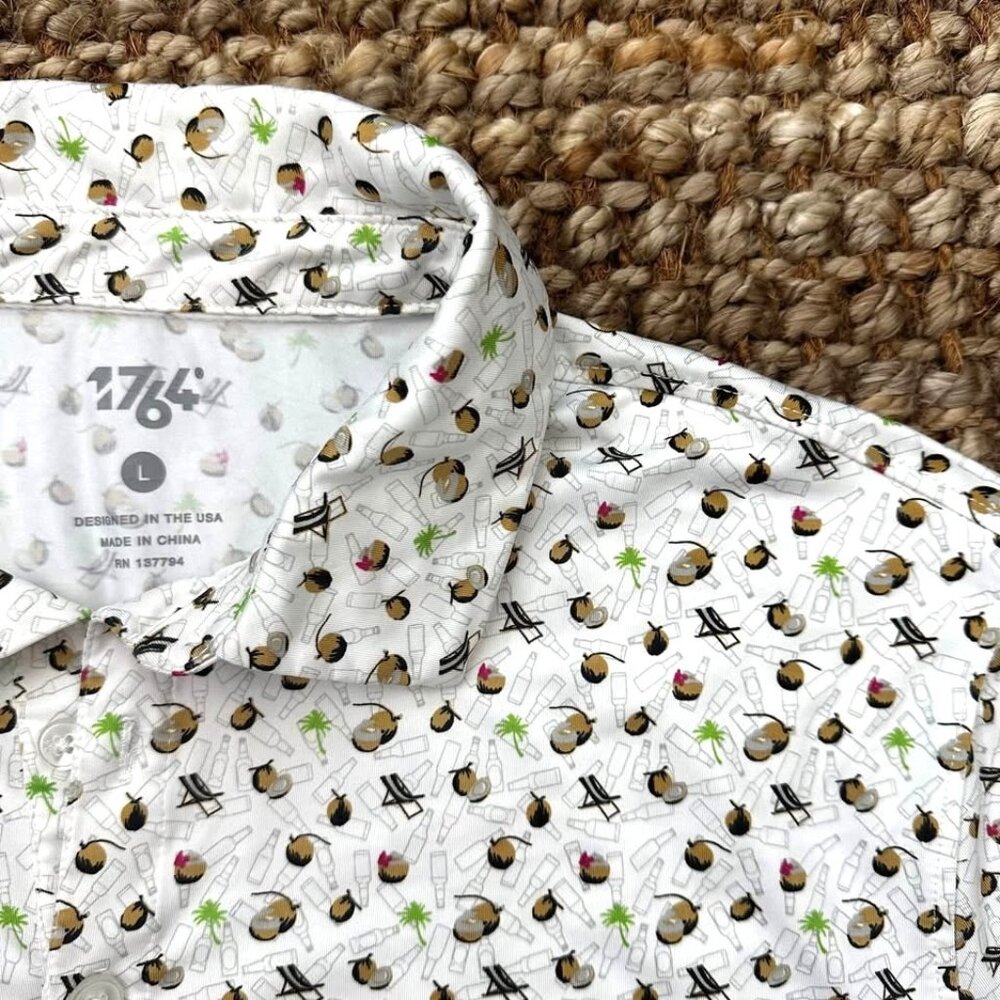 Performance 1764 Golf Polo Men's Large All Over Print Rum Coconut Palm Trees Lar